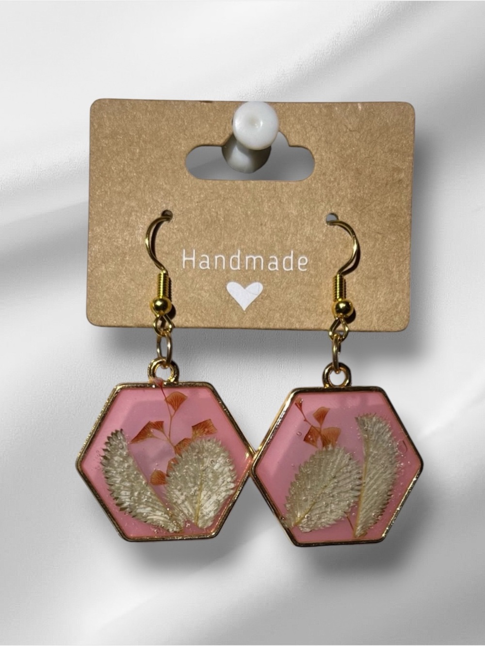 Artisan Pink and Gold Hexagon Earrings